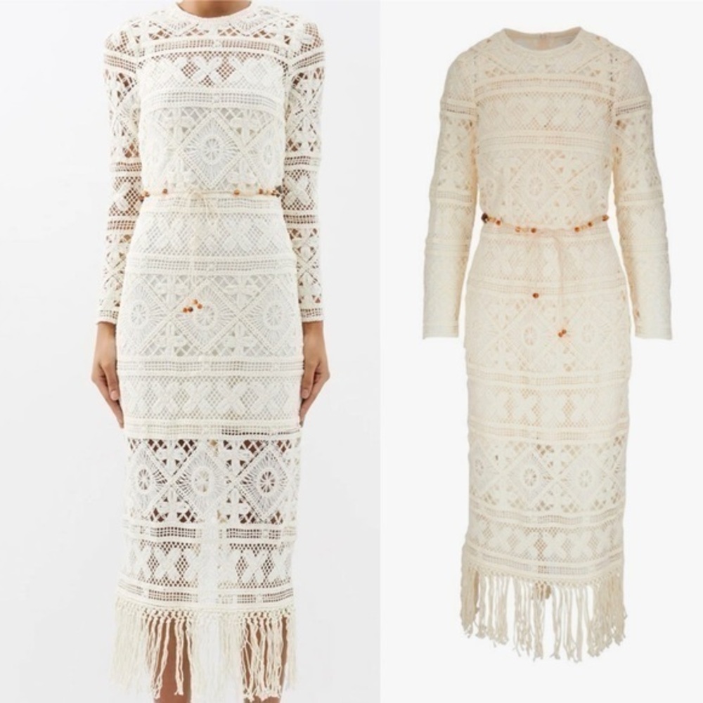ZIMMERMANN Cira Ivory Ribbon Lace Tassel Midi Belted Dress sz 1 NWT 950$